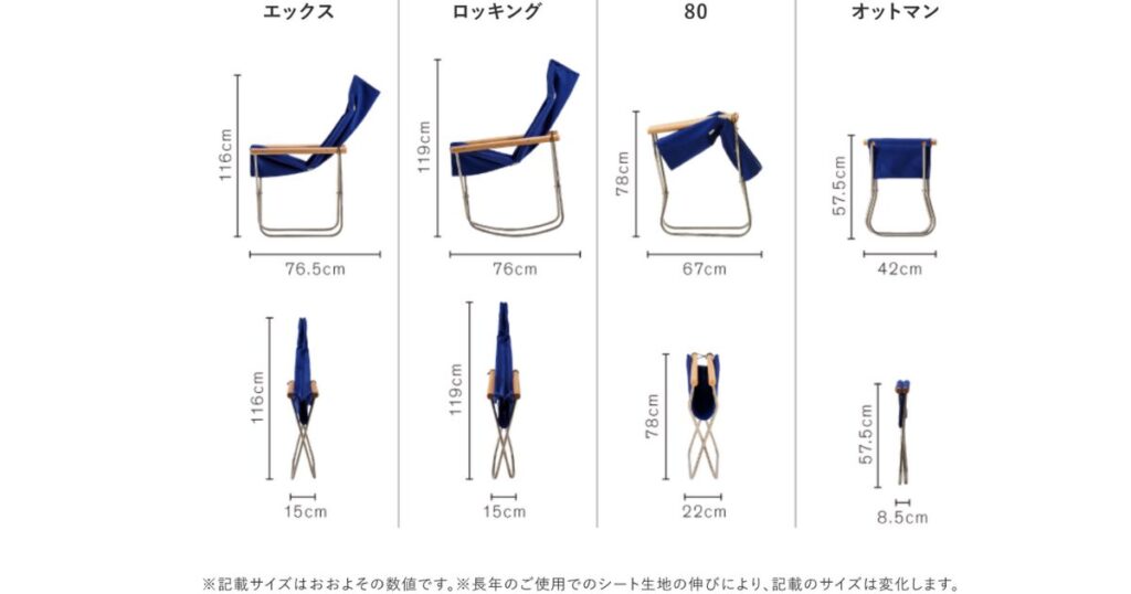 Nychair 各モデルを折り畳んだサイズの比較